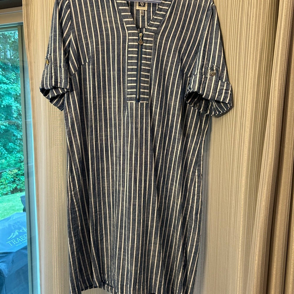 Anne Klein Navy and White Striped Men's Shirt